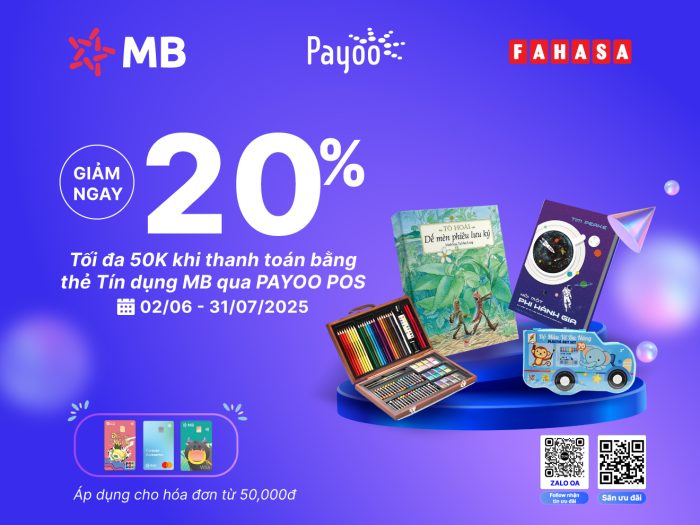 Thanh toán bằng thẻ MB tại FAHASA, nhận ưu đãi 20% cực đã